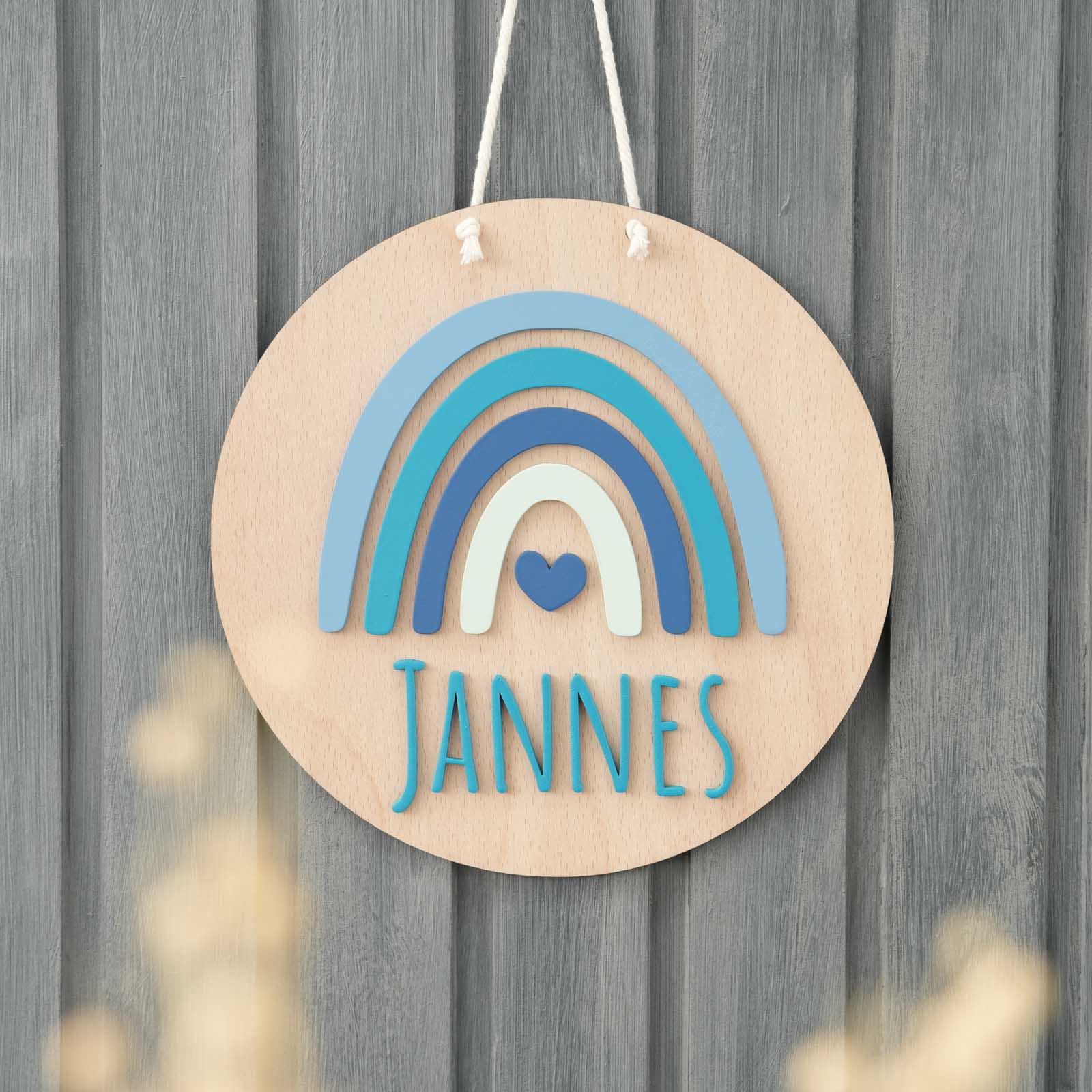 Regenbogen Namensschild in Blau, handgemachte Deko für Babyzimmer
