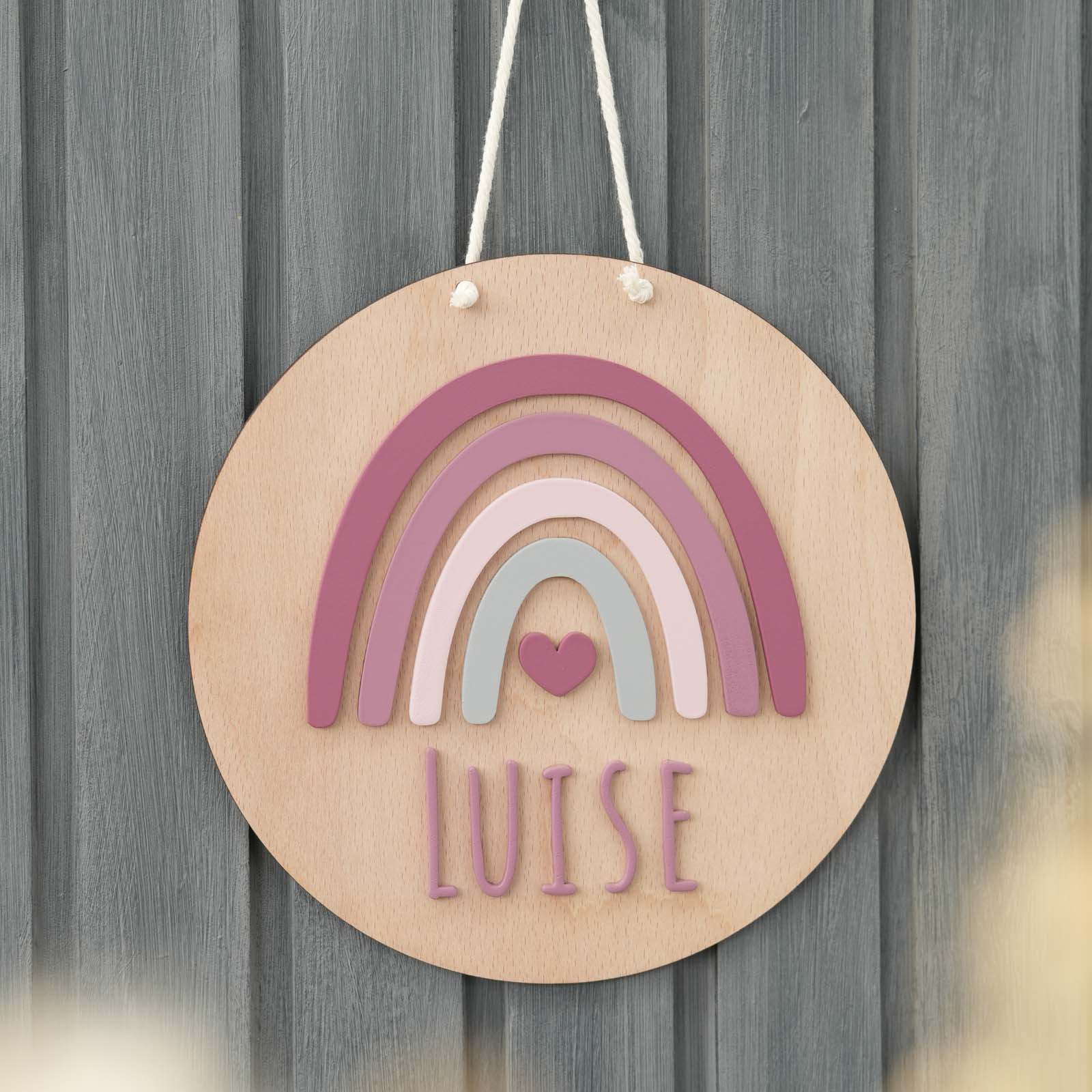 Kinderzimmer Wandschild aus Holz mit Regenbogen und individuellem Namen
